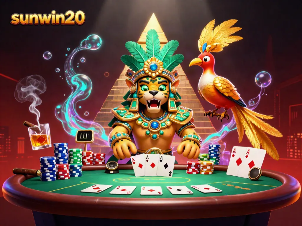 Experience thrilling gaming with sunwin20's Mayan themed poker scene, featuring vibrant characters and rich details.