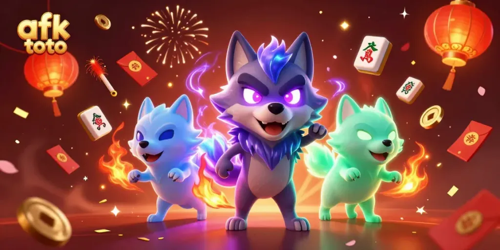 Desain ilustrasi 3D afk toto menampilkan pemimpin serigala dengan energi spektral dalam latar belakang kasino.