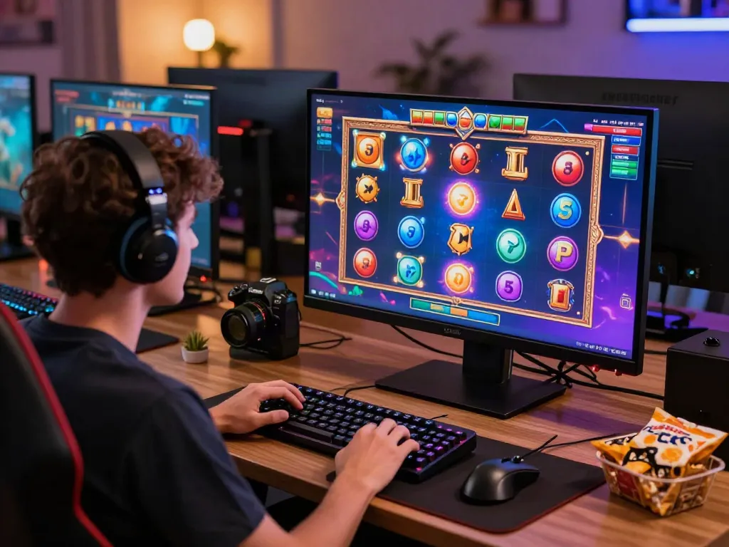 Immersive scene of a player engaged in a thrilling slot online game with vibrant graphics and gaming setup.