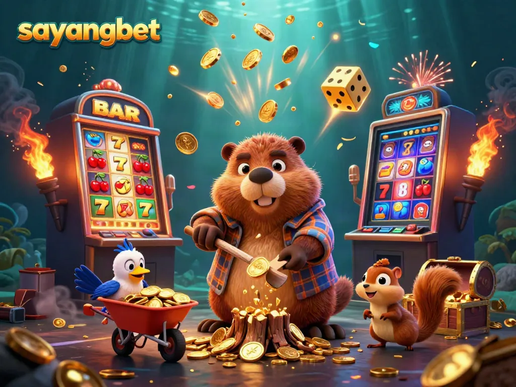 Experience the thrilling action of sayangbet with a lively 3D casino scene full of winning symbols and coins.