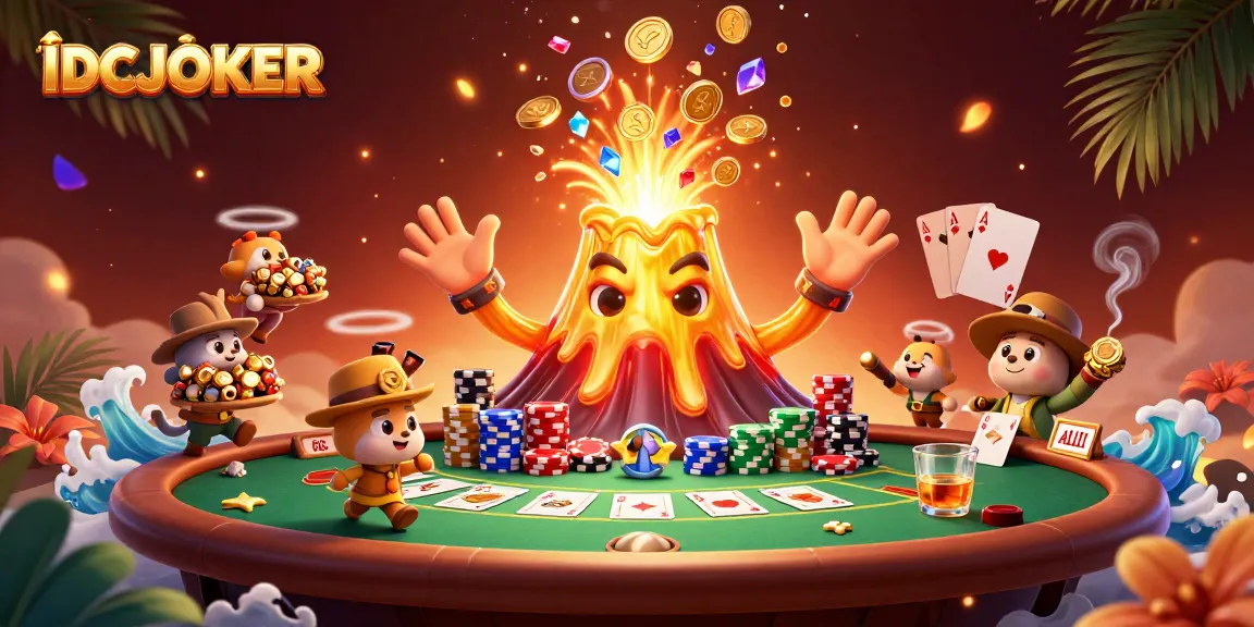 Engage with IDCJOKER Casino's dynamic 3D scene featuring a triumphant golden volcano and vibrant poker elements.