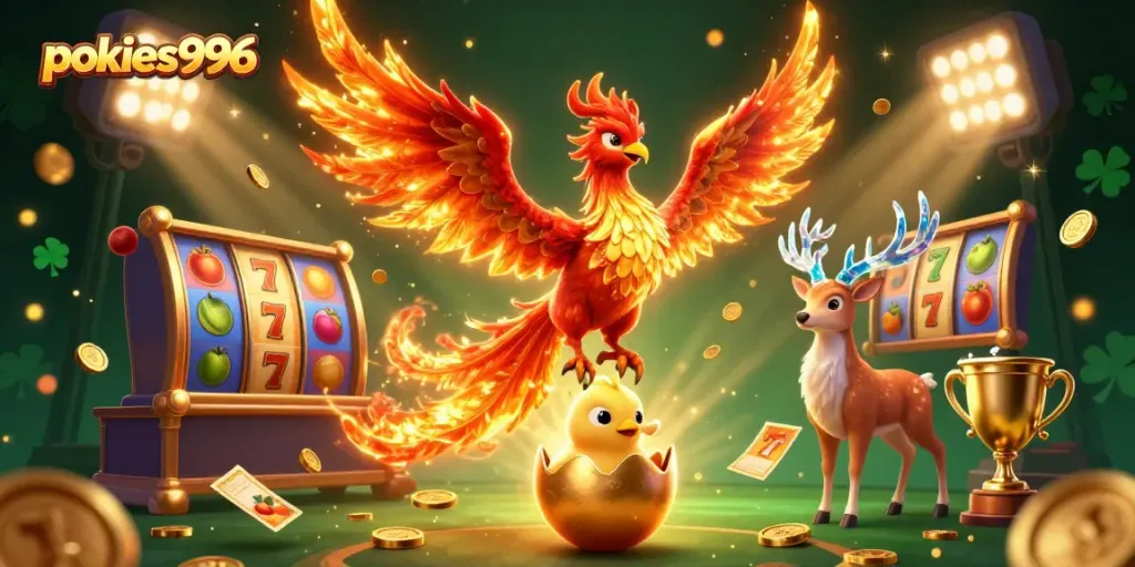Experience thrilling spins with pokies996, showcasing vibrant game elements and dynamic characters in a captivating casino scene.