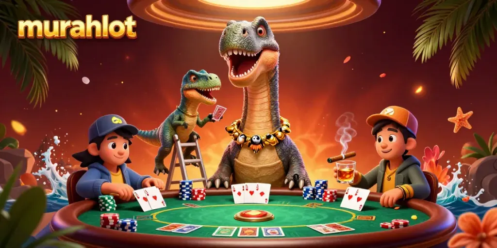 Experience thrilling action at murahslot with a vibrant 3D casino scene featuring a dinosaur dealer.