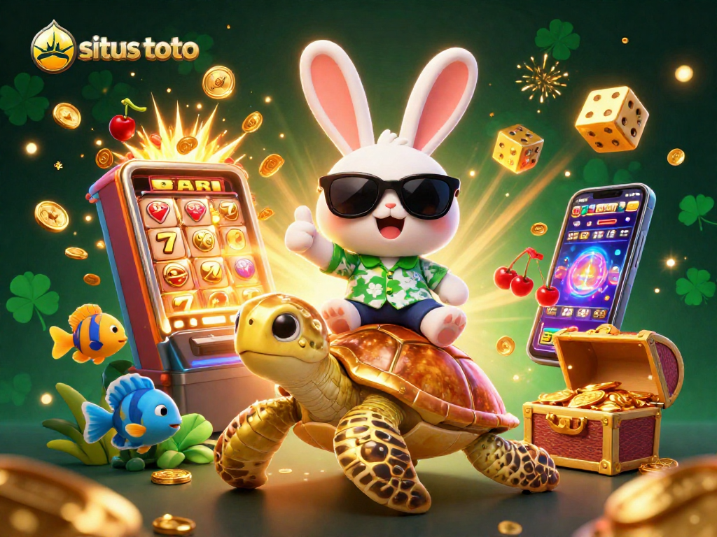 Rasakan keseruan situs toto dengan gambar kelinci beruntung dan kura-kura emas di slot jackpot.