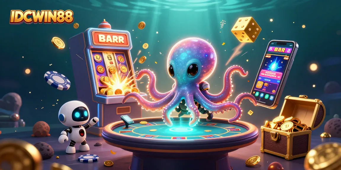 Experience thrilling adventures with IDCWIN88's interactive gaming scene featuring an alien octopus and dynamic casino elements.