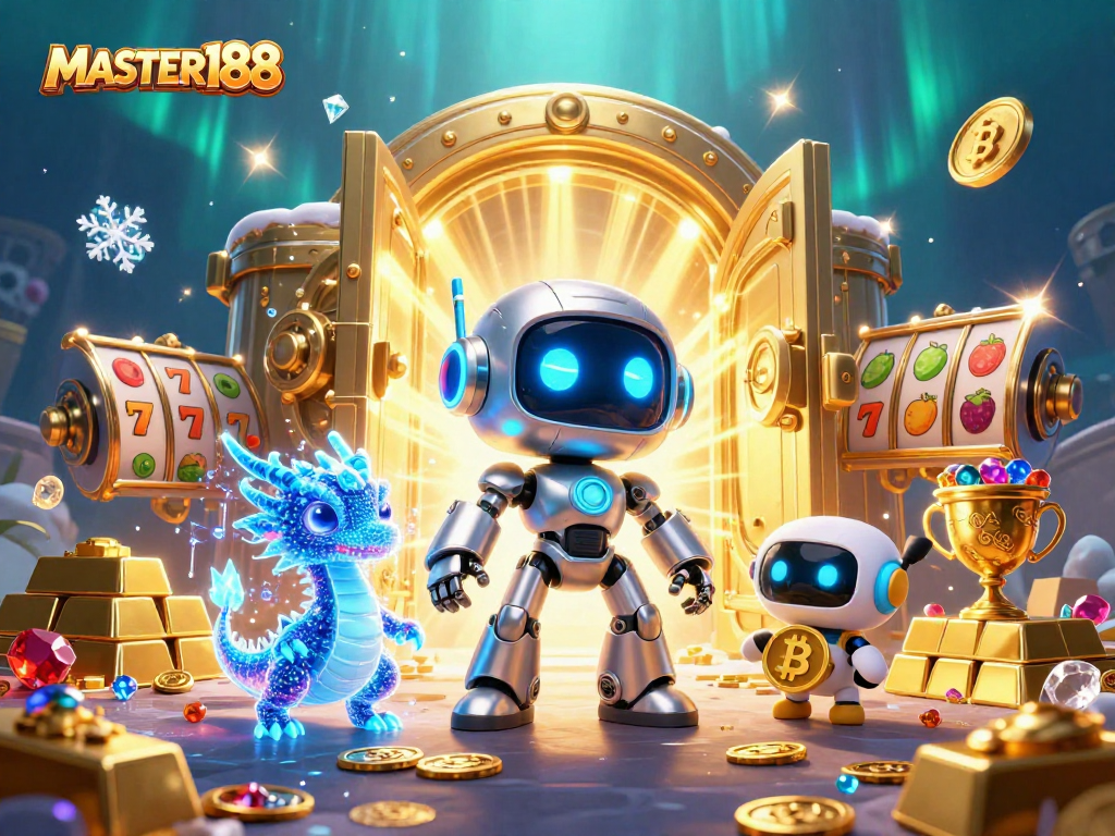 Engage with thrilling slot games at MASTER188 featuring a futuristic robot and treasures.