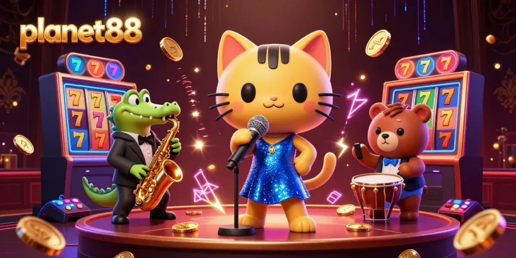Win big at planet88 with a musical casino scene featuring vibrant characters and dynamic gaming elements.