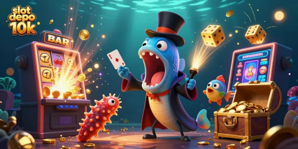 Visualisasi slot depo 10k dengan aktivitas perjudian yang mengasyikkan dan elemen permainan yang menonjol.