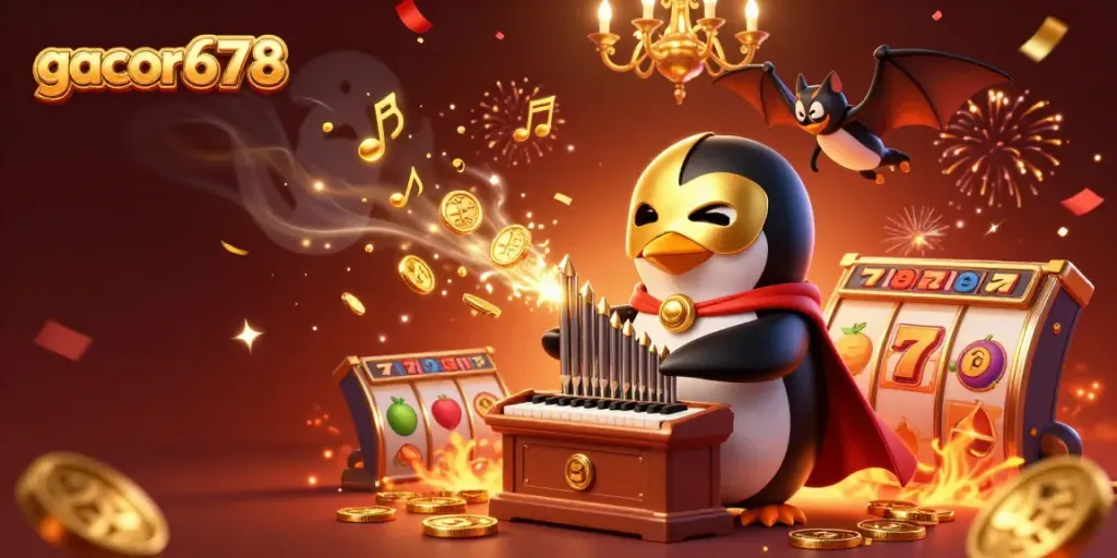 Experience the excitement of gacor678 with a lively slot scene featuring a penguin and dynamic casino elements.