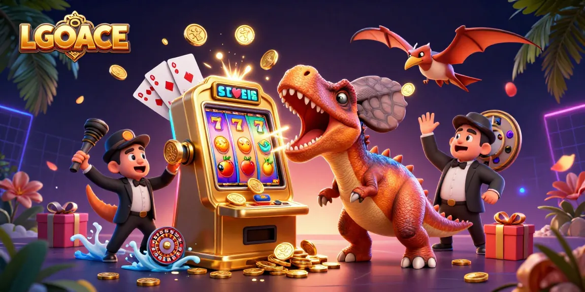 LGOACE showcases a lively casino scene with a dinosaur jackpot celebration and flying coins.