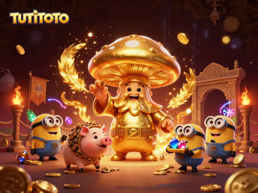TUTITOTO showcases a magical scene with a golden mushroom wizard transforming elements as treasure is revealed, emphasizing the thrill of gaming.