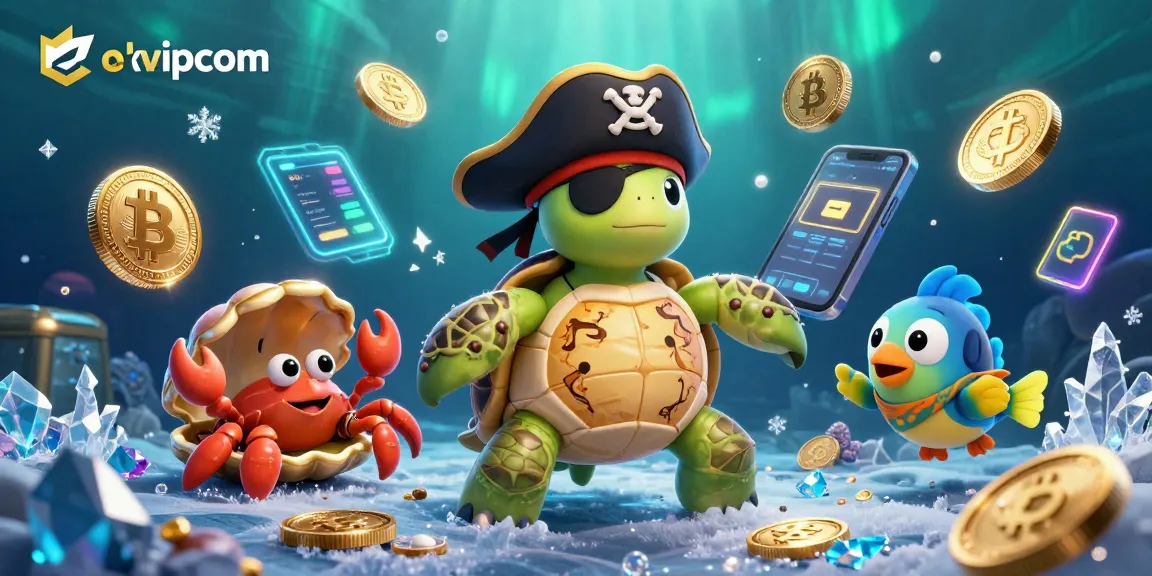 Engage with the okvipcom pirate turtle in a vibrant underwater casino scene full of crypto elements.