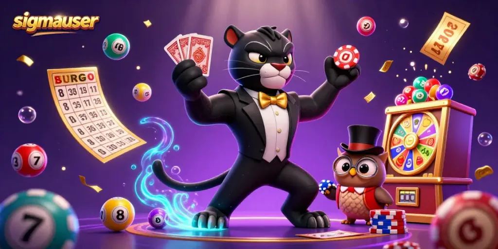 Engage with sigmauser in a vibrant casino scene featuring animated characters, cards, and dynamic gaming elements.