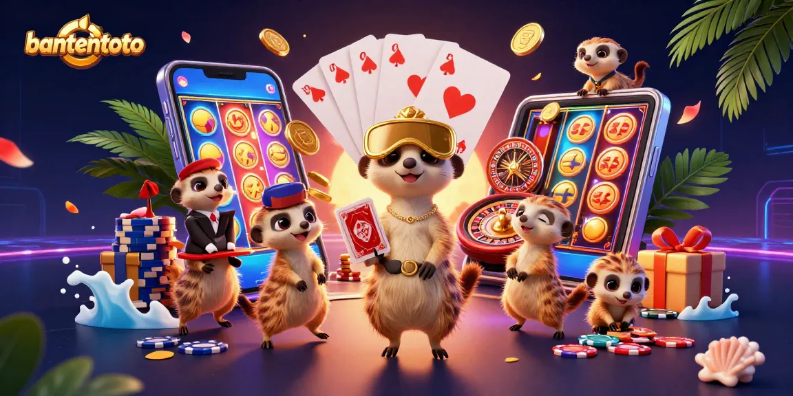 Ulasan bantentoto dengan koloni meerkat yang menjalankan kasino bersama dan permainan slot berwarna-warni.