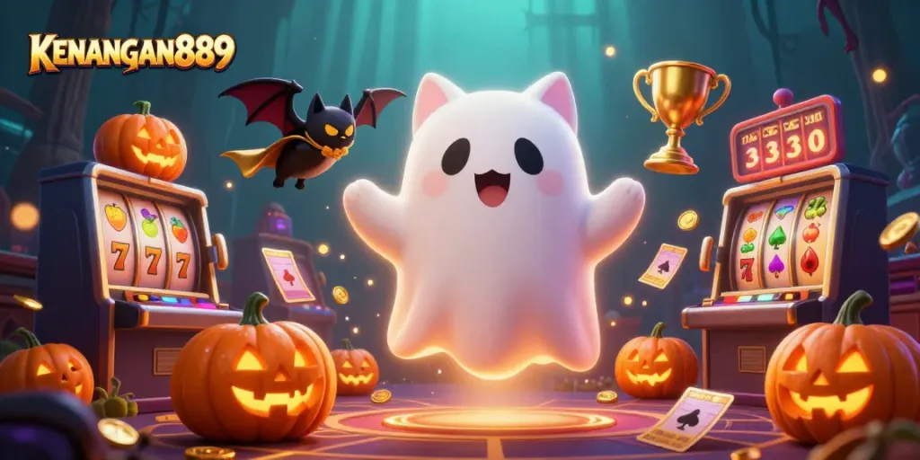 Experience thrilling gameplay with KENANGAN889 featuring a friendly ghost cat and dynamic casino elements.