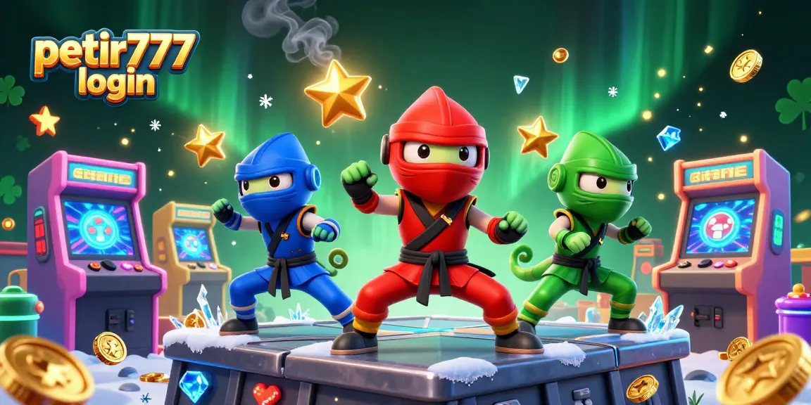 Engage with the petir777 login arcade scene featuring chameleon ninjas, slot machines, and casino elements.