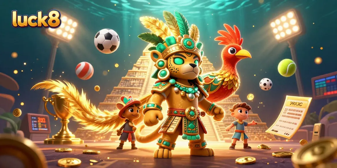 Experience dynamic gaming action with luck8, showcasing a Mayan priest and vibrant games in a rich 3D scene.