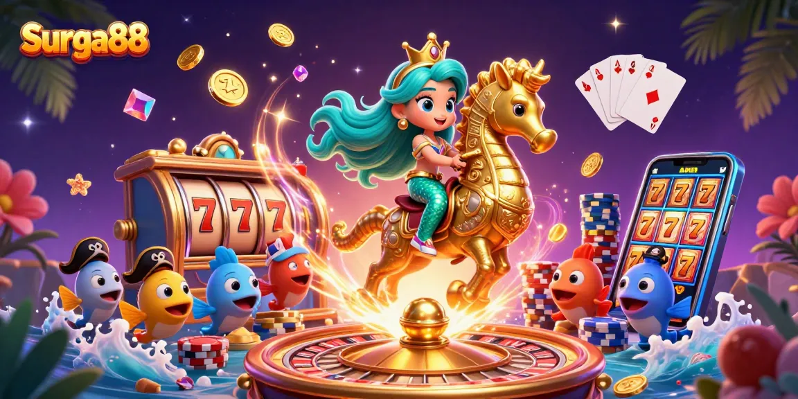 Experience Surga88 with vibrant casino-themed digital art featuring a mermaid princess and golden treasures.