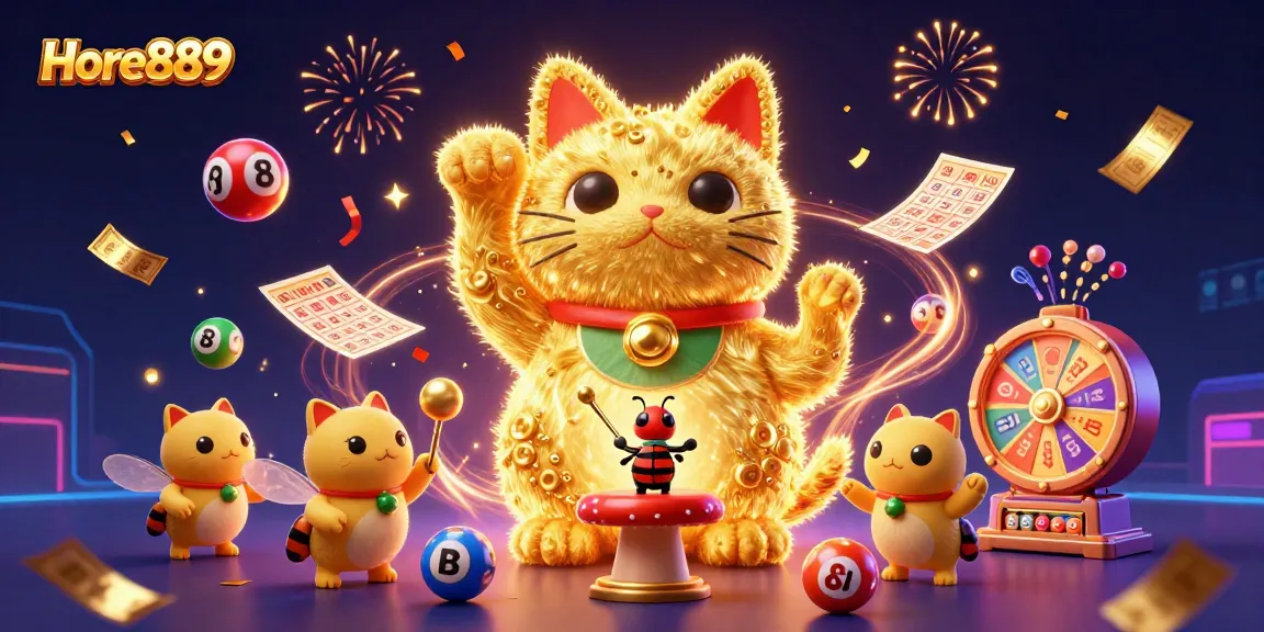 Hore889 captures the excitement of winning with a lucky cat made of fireflies surrounded by dynamic casino symbols.
