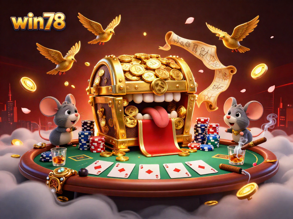 Win78 treasure chest mimics luring adventurer mice amidst vibrant poker elements.