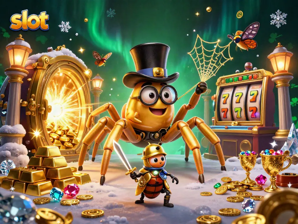 Slot menggoda dengan karakter laba-laba emas dan ksatria kecil di tengah kemewahan kasino.