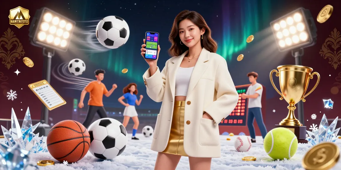Engage in thrilling sports betting with MANTRATOTO, showcasing an Asian woman using a betting app amidst dynamic game elements.