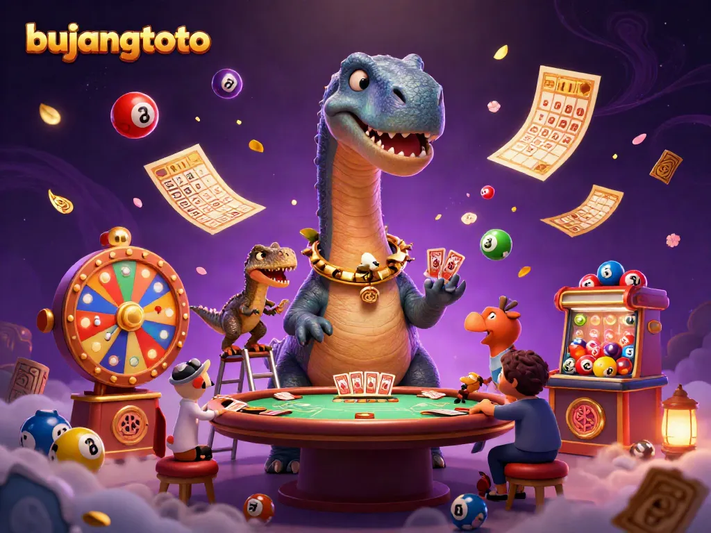 Engage with bujangtoto in a vibrant casino scene featuring cartoon dinosaurs and lottery elements.