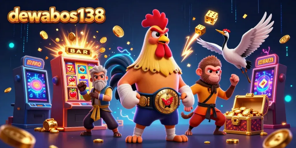 Permainan slot menarik di dewabos138 dengan simbol jackpot di latar belakang penuh energi.