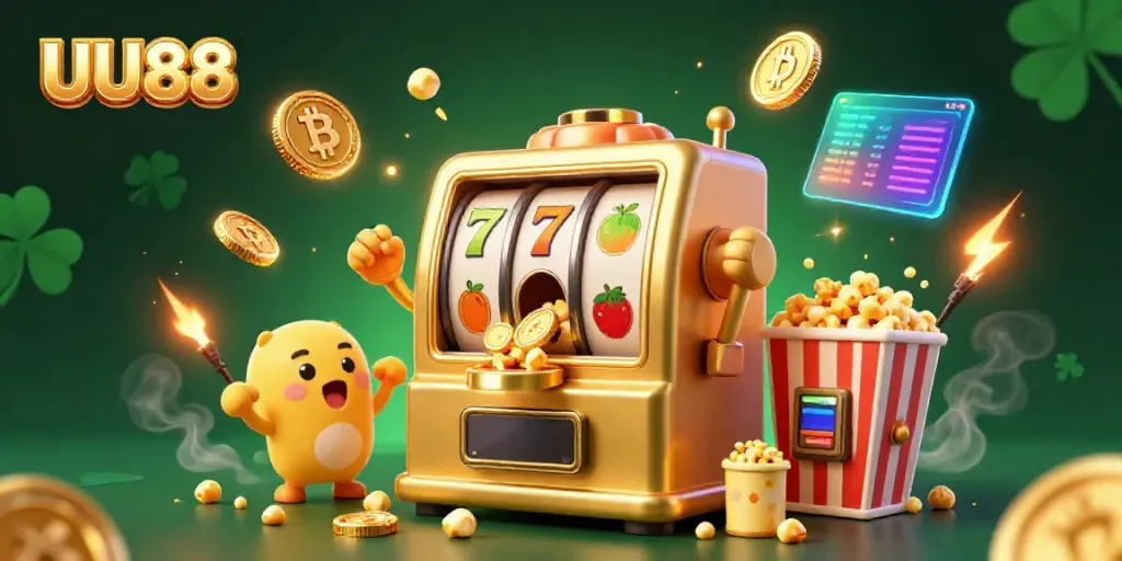 Experience UU88's thrilling slot action as a sentient golden slot machine wins big, surrounded by cheering companions.