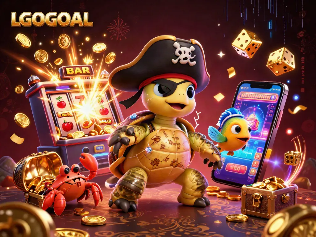 Engage with LGOGOAL as a 3D pirate turtle discovers thrilling casino adventures amid golden treasures and vibrant slot symbols.