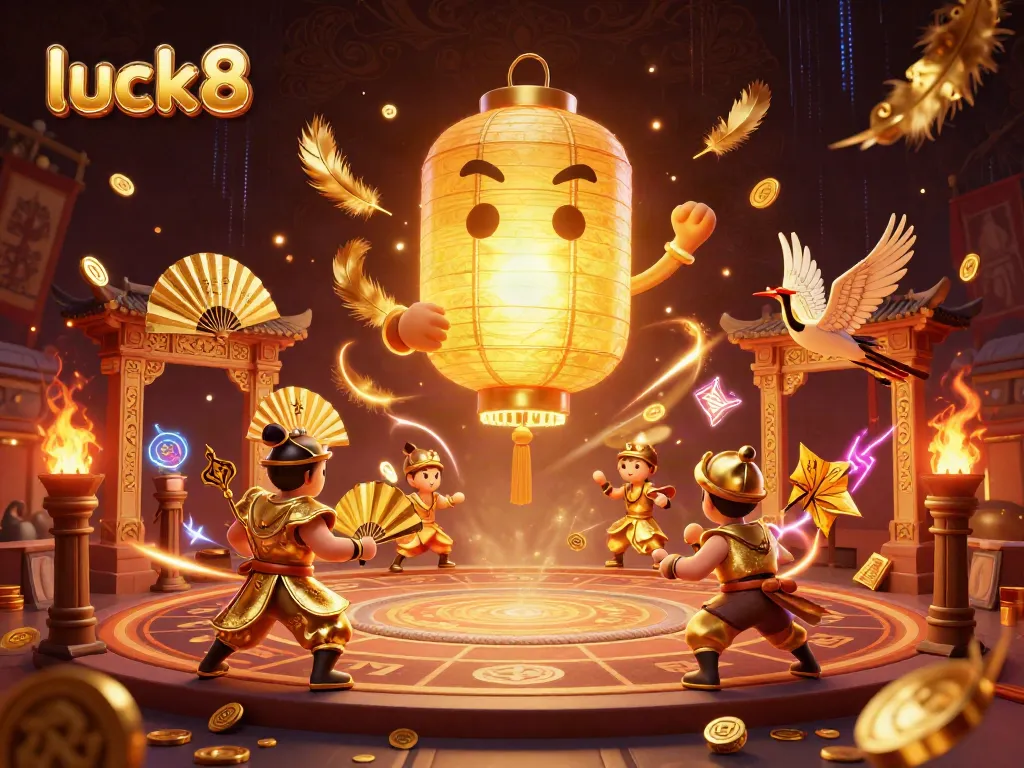 Feel the excitement at luck8 with vibrant casino games and golden symbols in a lively night market.