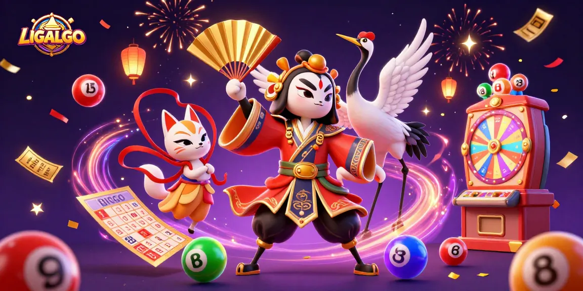 LIGALGO offers a vibrant 3D cartoon scene with dynamic lottery elements, showcasing gaming excitement.