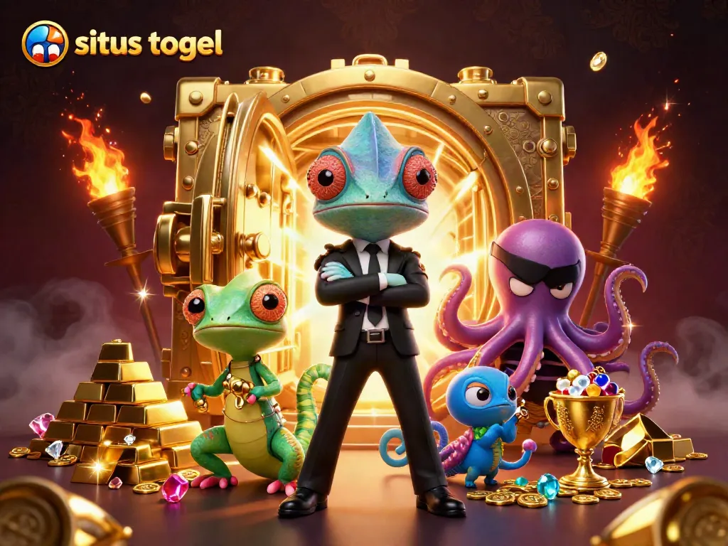 Engage with situs togel in a vibrant scene featuring a colorful chameleon, gecko with gadgets, and a villainous octopus.