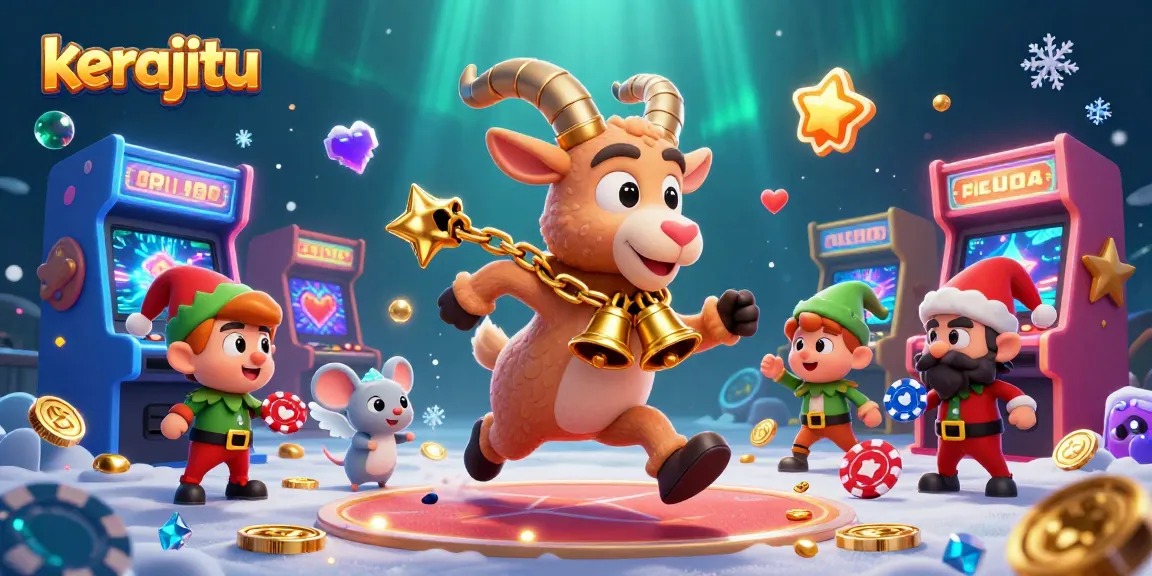 Engage in kerajitu's festive horror casino with Krampus and playful characters amidst vibrant games.
