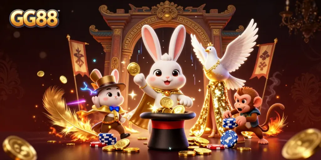 Engage with GG88's vibrant casino action featuring a magician, dove, and monkey amidst dynamic gaming elements.