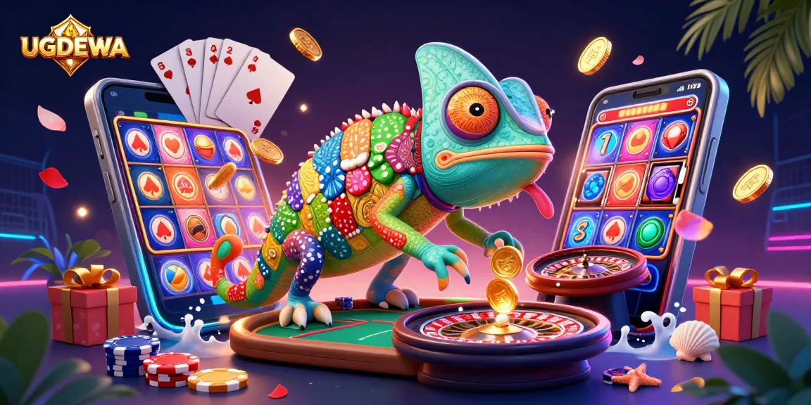 Experience the excitement of UGDEWA's slot games with golden coins and colorful elements around a vibrant chameleon.