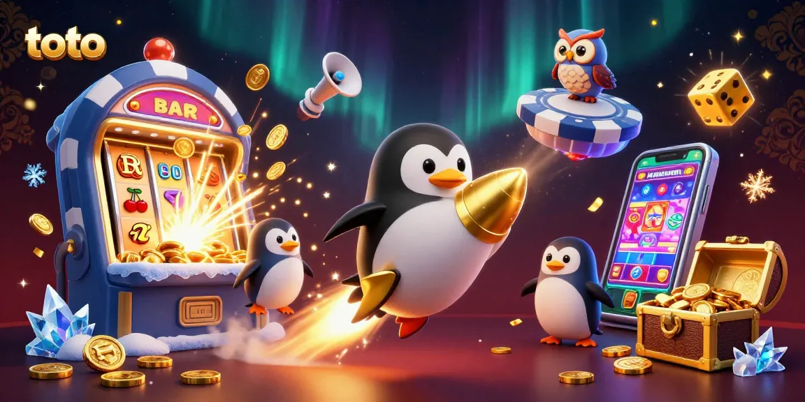 Slot jackpot toto yang menyenangkan dengan karakter penguin dan mesin slot berlimpah koin.