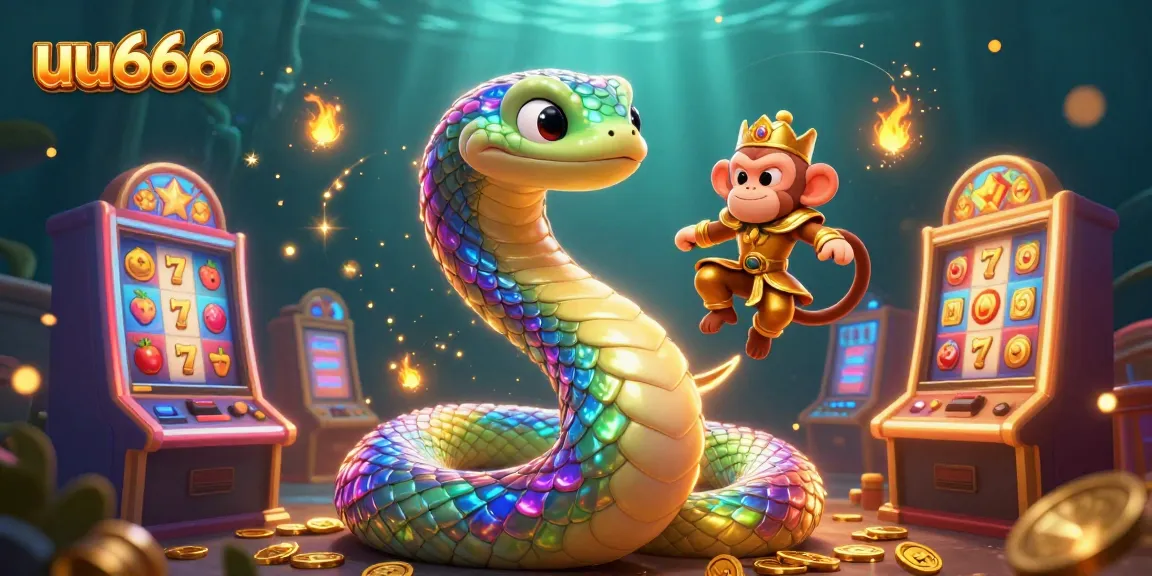 Experience the allure of uu666 casino with vibrant slot machines, golden serpent, and magical light trails.