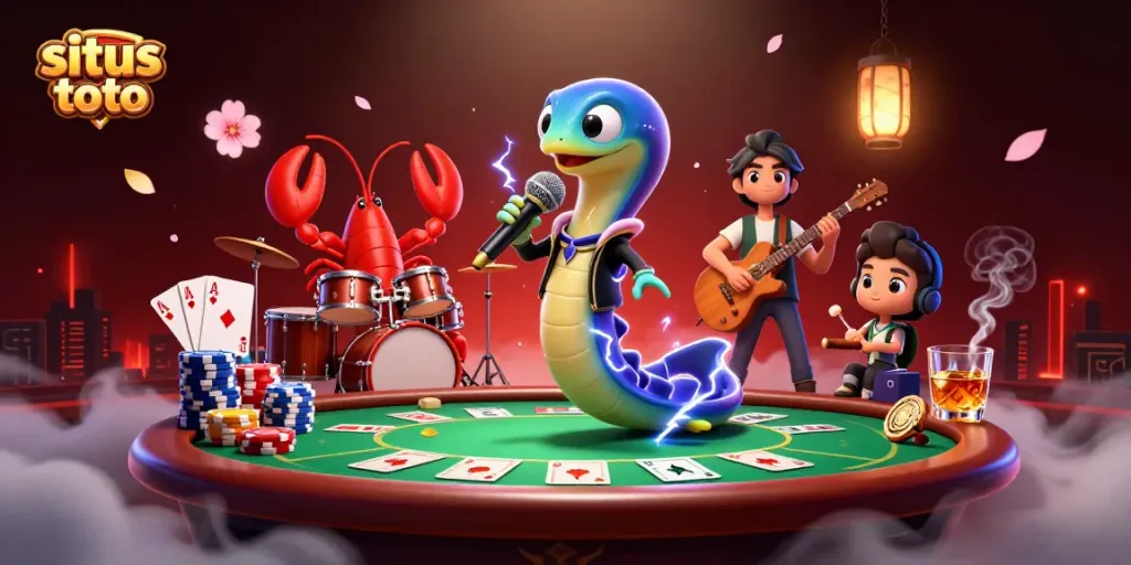 Situs toto showcase featuring an electric eel DJ performing live at an underwater casino with vibrant game elements.