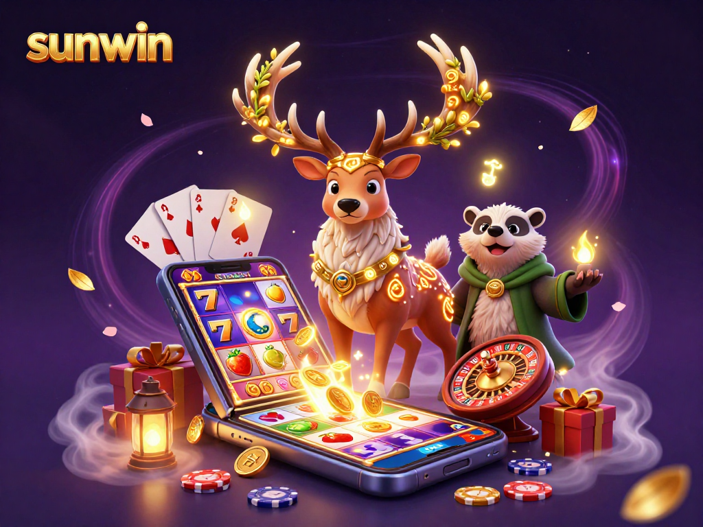 Experience excitement with sunwin's dynamic 3D casino illustration showcasing vibrant game elements.