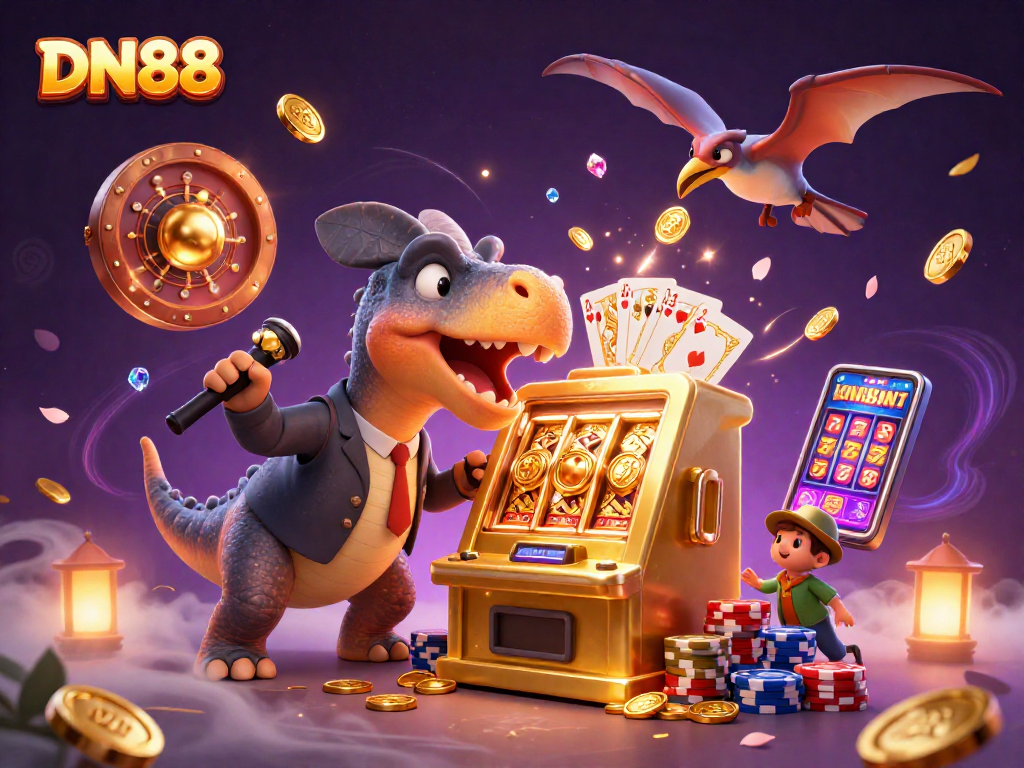 DN88 features a pachycephalosaurus triggering a slot machine jackpot, immersed in a lively casino scene.