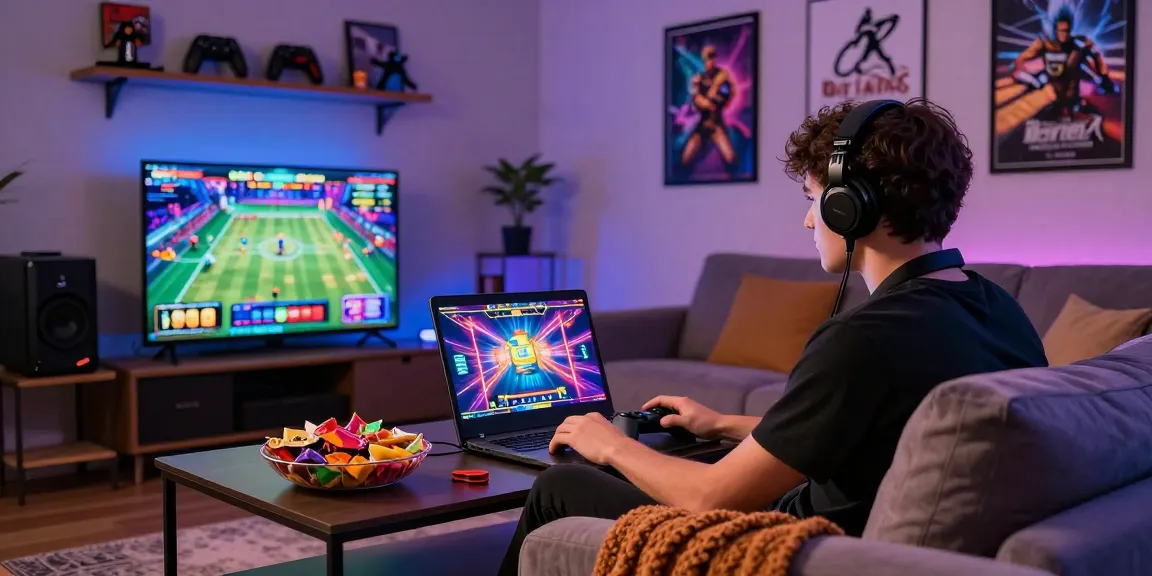 Engaging scene of an individual enjoying a toto slot game on a laptop in a cozy living room, surrounded by gaming snacks and memorabilia.