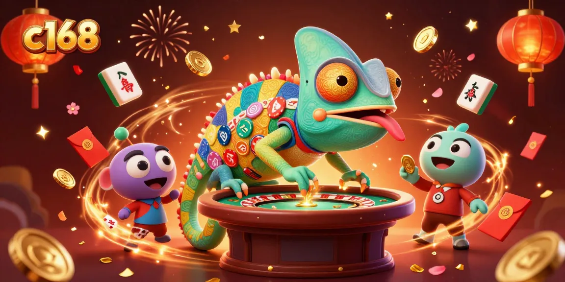 Engage with c168's vibrant 3D chameleon casino owner amidst a celebration of games and luck.