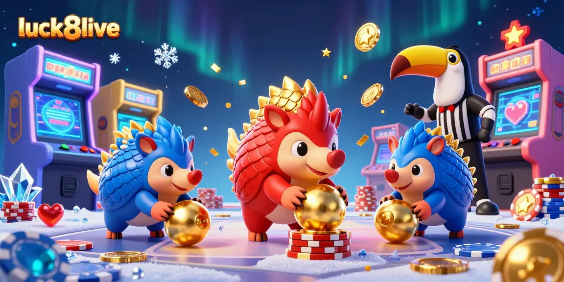 Engage with luck8live as rival pangolins roll golden balls in a vibrant casino scene.