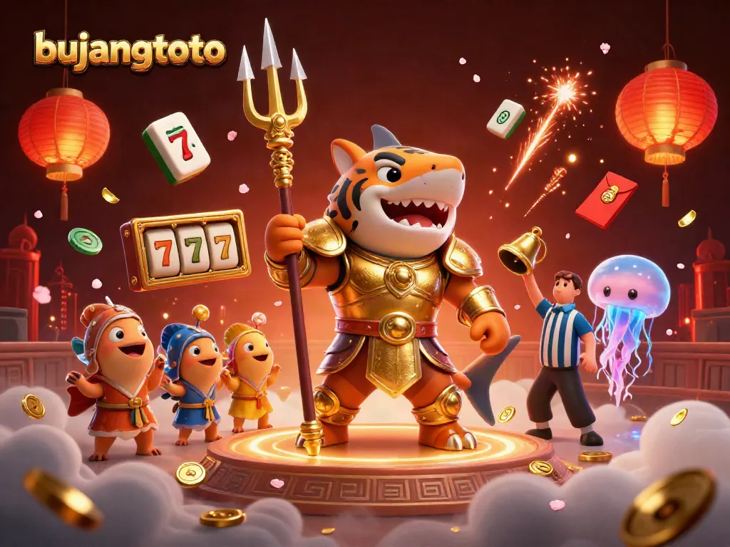 Bujangtoto showcases a vibrant underwater casino scene with a tiger shark and golden game elements.