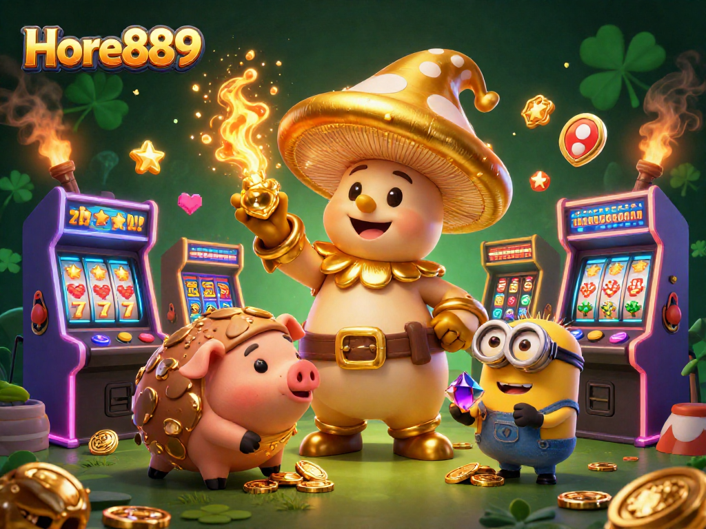 Experience the magic of Hore889 with a vibrant 3D casino scene featuring a magical mushroom wizard and treasure-hunting pig.