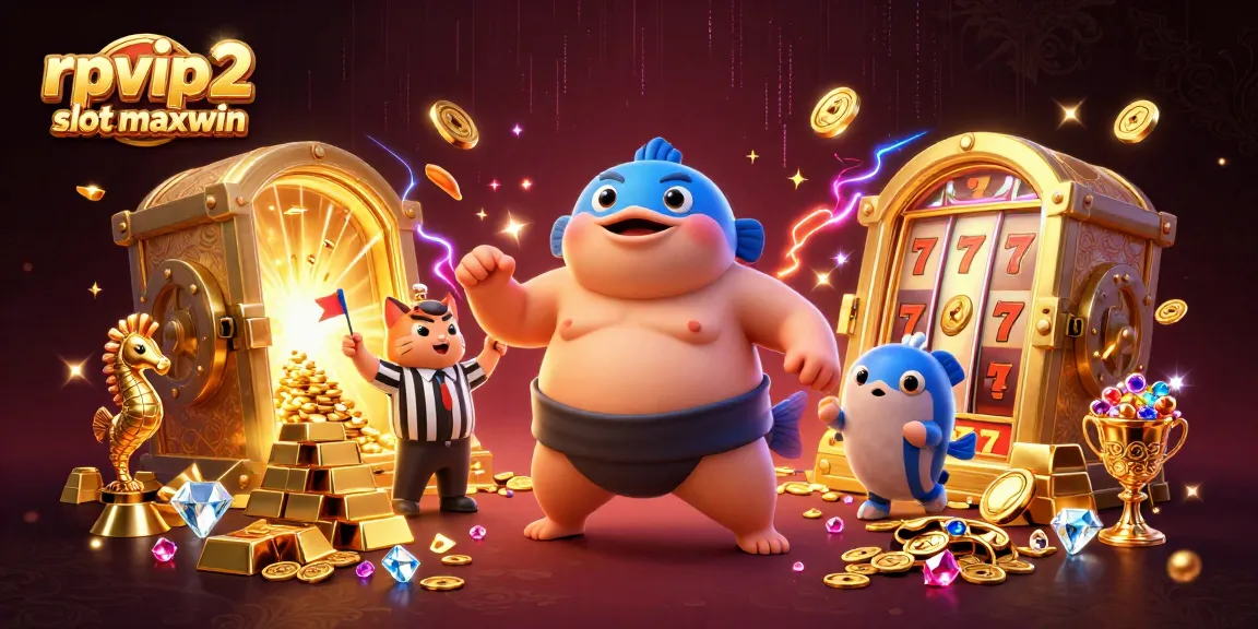 Experience the excitement of rpvip2 slot maxwin with cartoon characters and jackpot treasures in a dynamic illustration.