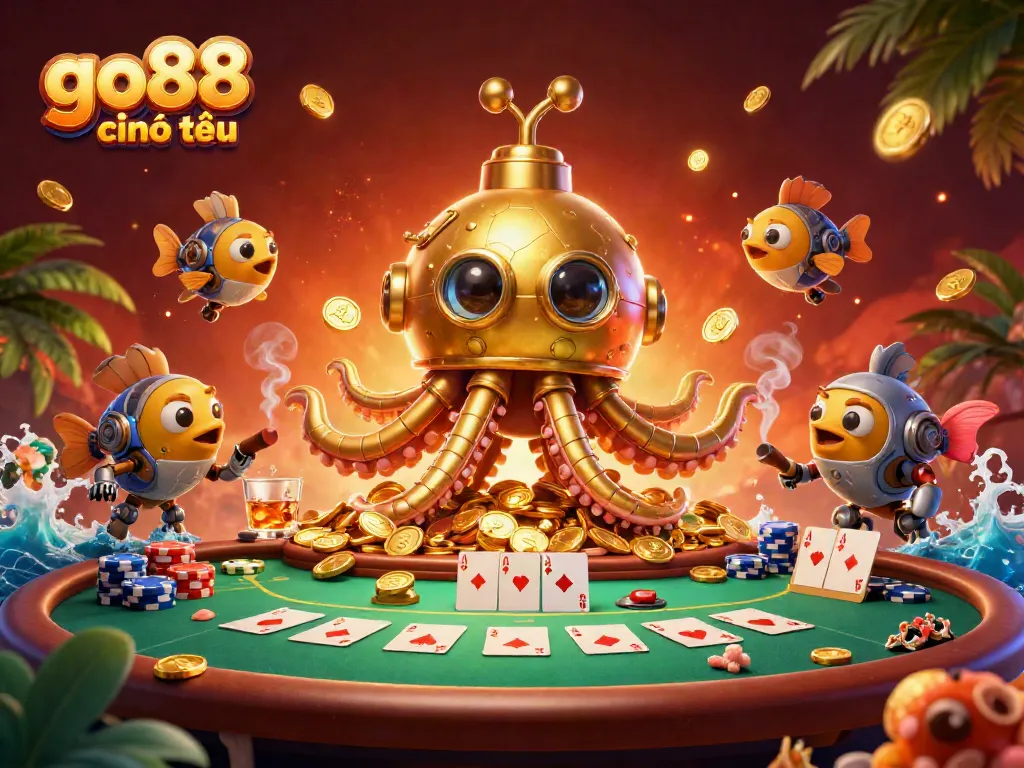 Engage in thrilling poker with go88 chính thức surrounded by golden treasures and dynamic characters.