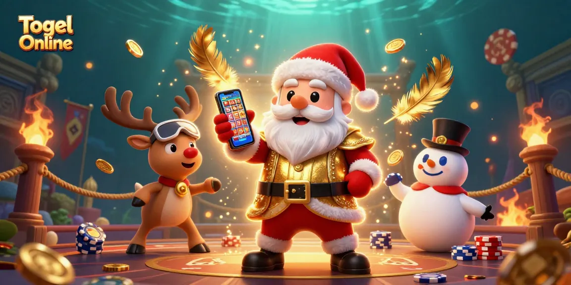 Togel Online: Discover jackpot slots in a vibrant casino scene featuring Santa and friends.