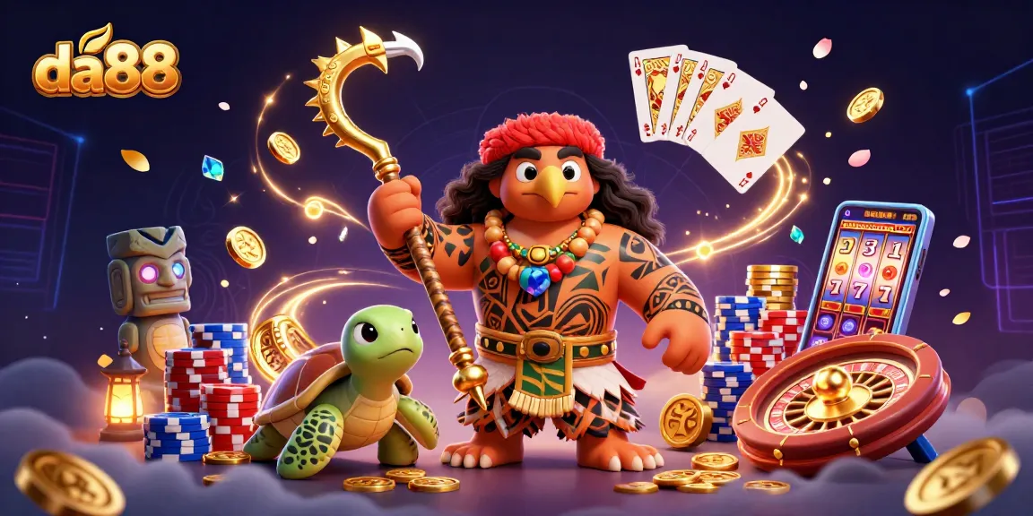 Experience casino excitement with da88 featuring a Maui-style hawk, turtle, and colorful gambling elements.